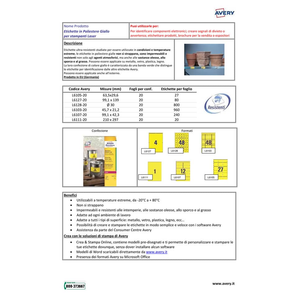 Etichette permanenti poliestere giallo Avery 99,1x42,3 mm - 12 et/foglio - per stampanti laser - cf. 20 fogli L6107-20