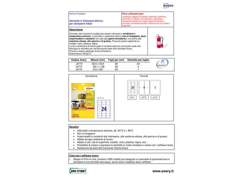 Etichette permanenti poliestere bianche Avery 63,5x33,9 mm - 24 et/foglio - stampanti inkjet - cf. 10 fogli J4773-10