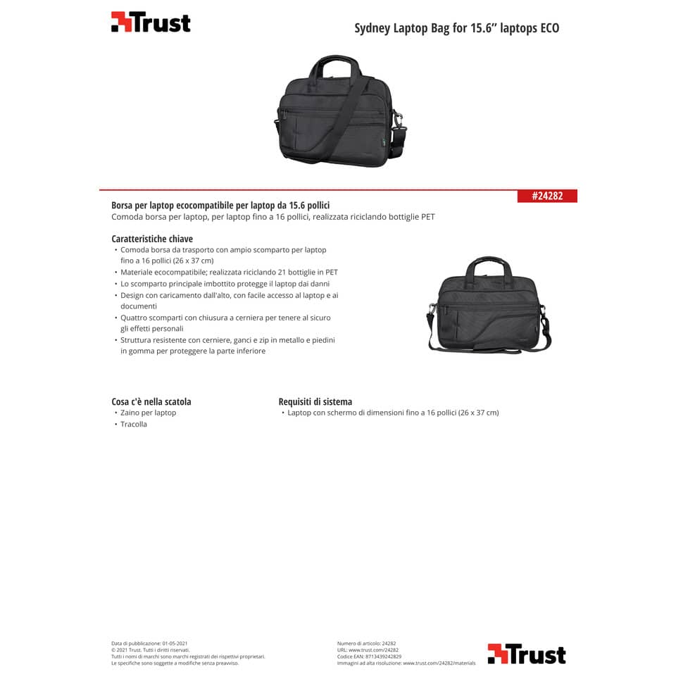 Borsa per computer Trust Sydney fino a 16" in tessuto 4 scomparti - ECO - nero - 24282