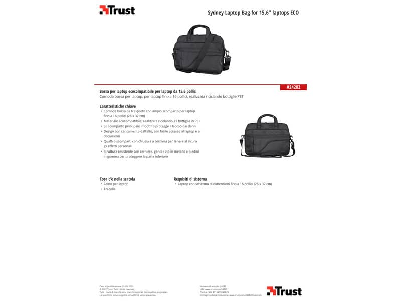 Borsa per computer Trust Sydney fino a 16" in tessuto 4 scomparti - ECO - nero - 24282