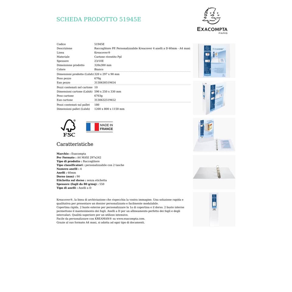 Raccoglitore personalizzabile Exacompta A4 maxi Kreacover® bianco 4 anelli a D 60 mm - 51945E