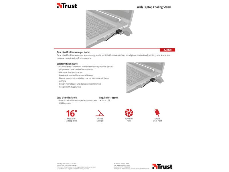 Supporto per laptop fino a 16" TRUST Arch con ventola USB nero 20400
