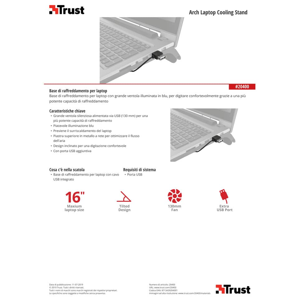 Supporto per laptop fino a 16" TRUST Arch con ventola USB nero 20400