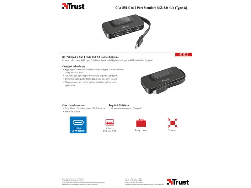 Hub 4 porte USB 2.0 tipo A TRUST Oila nero 21320