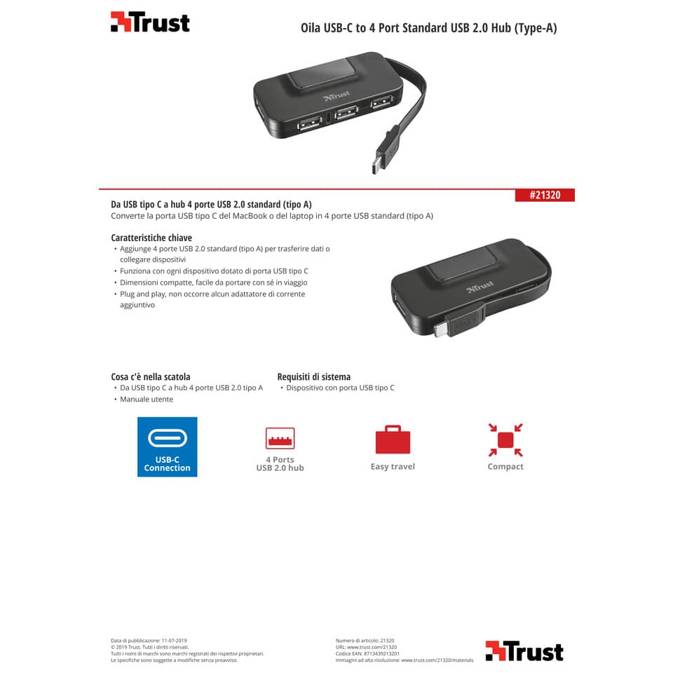 Hub 4 porte USB 2.0 tipo A TRUST Oila nero 21320