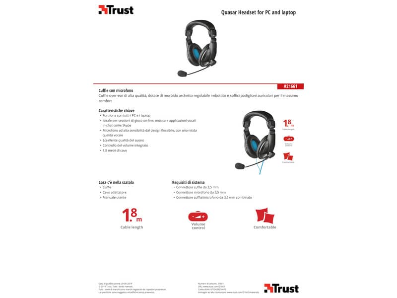 Cuffie con microfono e cavo da 1,8 m TRUST Quasar nero 21661