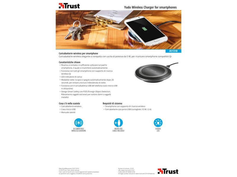 Caricabatterie wireless per smartphone TRUST Yudo nero 21310