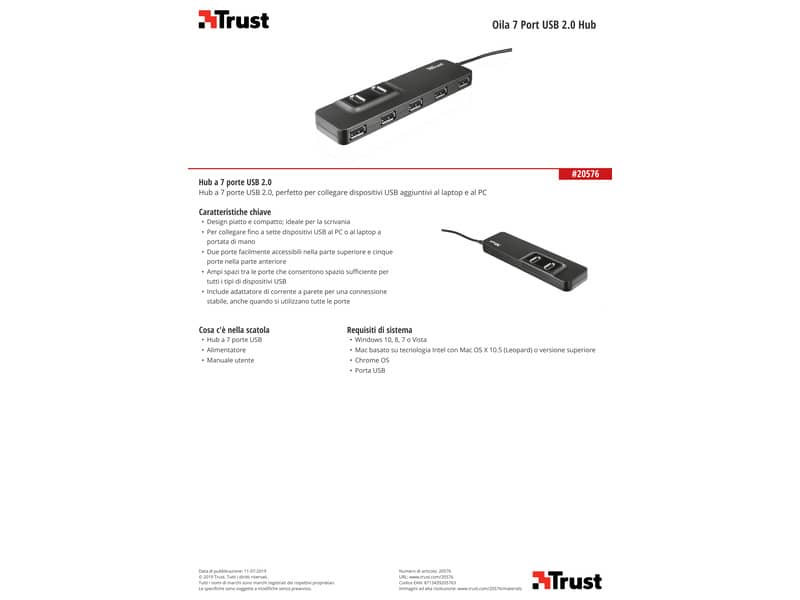 Hub 7 porte USB 2.0 TRUST Oila nero  20576