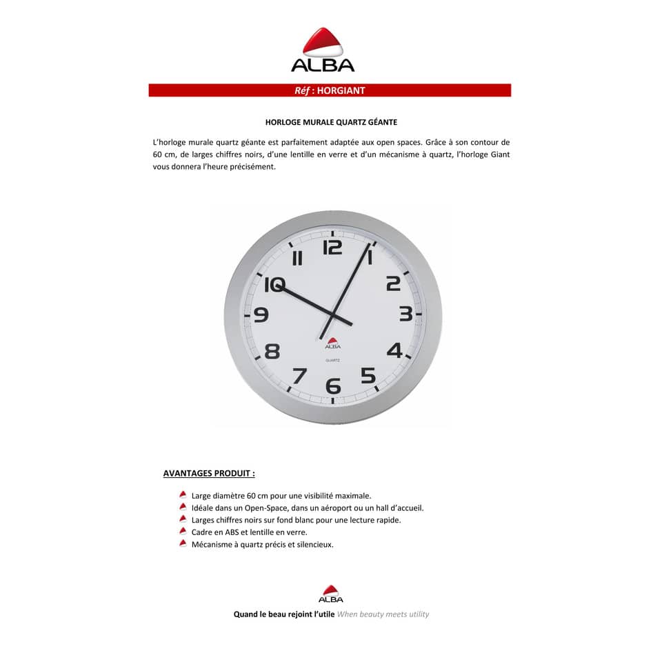 Orologio da parete Alba Horgiant ABS diametro 60 cm - 2 lancette nere. Grigio argento-HORGIANT