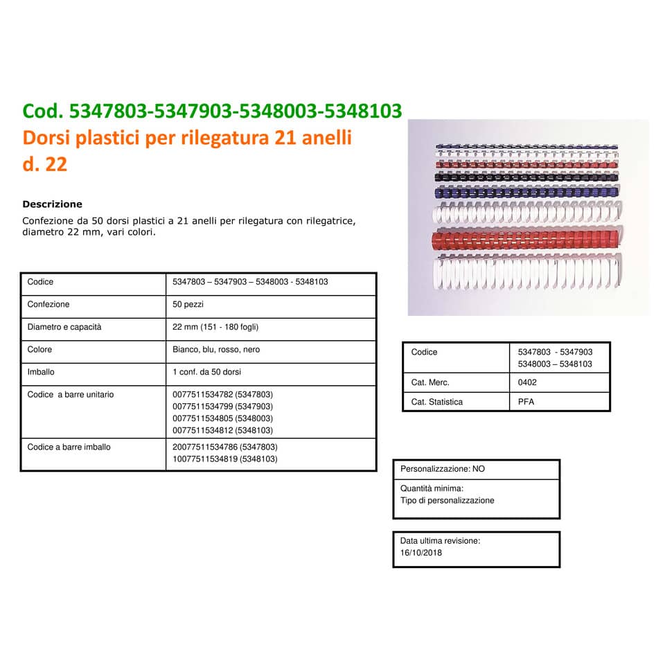 Dorsi plastici per rilegatura FELLOWES ad anello tondo 22 mm nero 151-180 fogli - conf.50 - 5348103