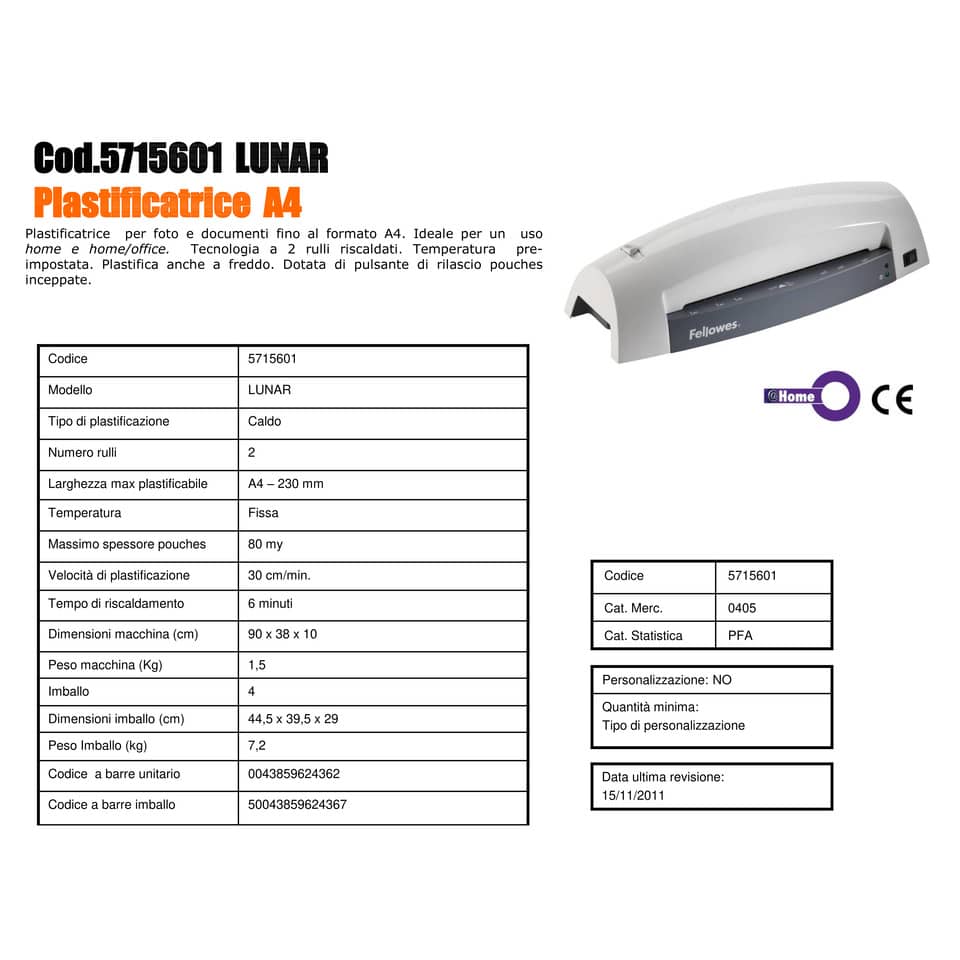Plastificatrice a caldo FELLOWES Lunar bianco A4 5715601