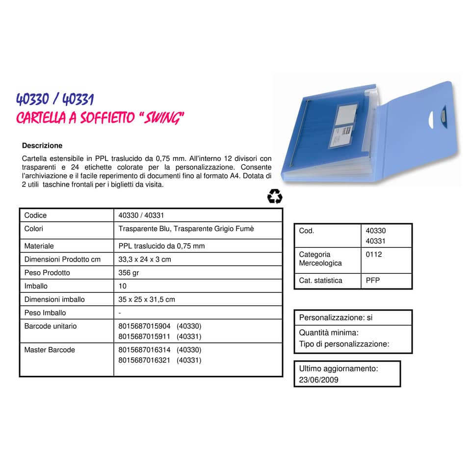 Cartella a soffietto LEONARDI 12 scomparti PPL traslucido azzurro trasparente 33x23cm - 40330