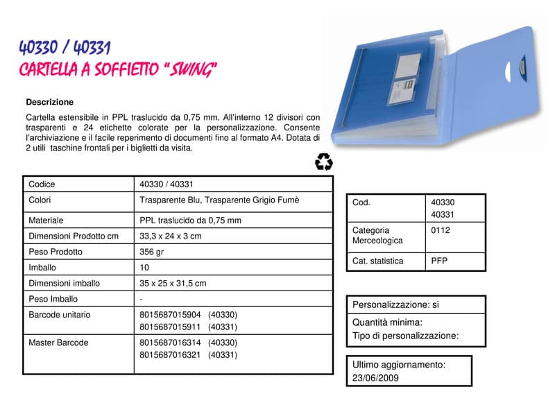 Cartella a soffietto LEONARDI 12 scomparti PPL traslucido azzurro trasparente 33x23cm - 40330