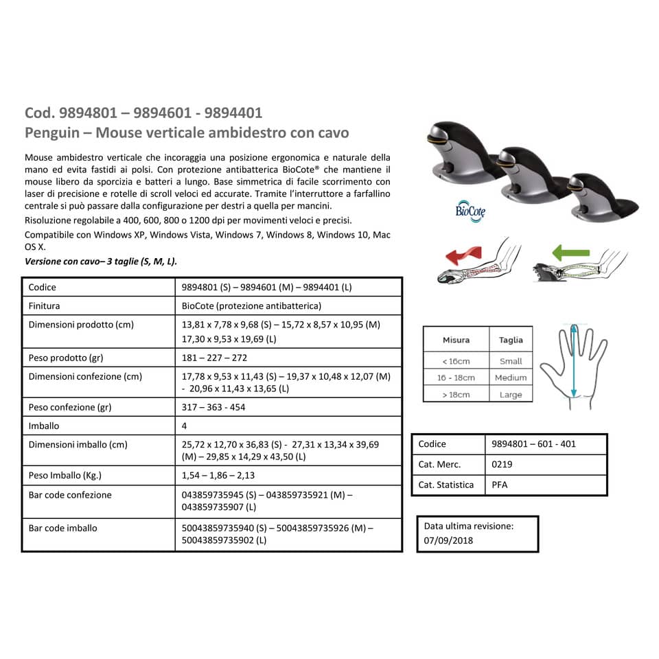 Mouse verticale FELLOWES Penguin® con filo grigio/nero piccolo 9894801