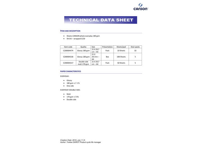 Carta fotografica inkjet CANSON EVERYDAY A4 lucida 180 g/m² Conf. 15 pezzi - C200004475