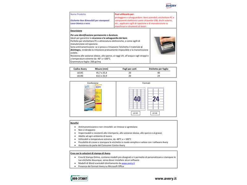 Etichette bianche antimanomissione Avery non rimovibili - 45,7x25,4 mm - 40 et/foglio per laser - cf. 20 ff L6145-20