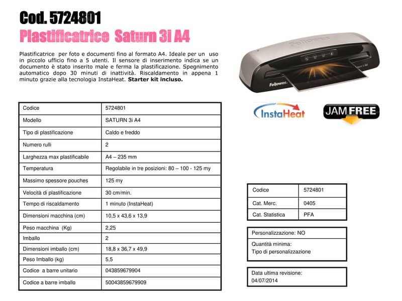 Plastificatrice a caldo FELLOWES Saturn 3i argento/nero A4 5724801