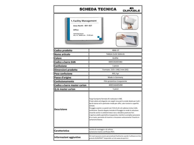 Targhe DURABLE CLICK SIGN ABS trasparente/grafite A5 210x148,5 mm 486637