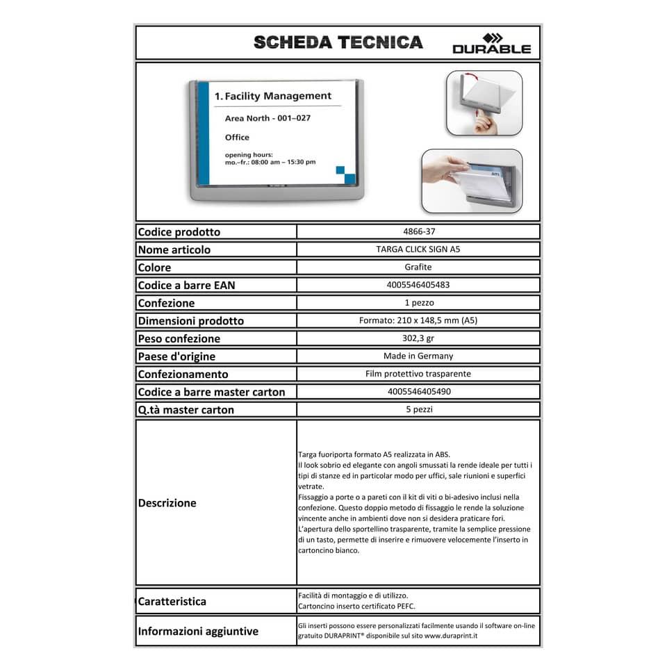 Targhe DURABLE CLICK SIGN ABS trasparente/grafite A5 210x148,5 mm 486637
