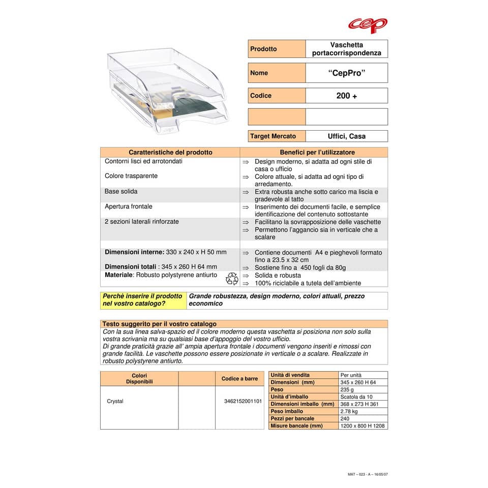 Vaschette portacorrispondenza CEP Pro 34,8x25,7x6,6 cm crystal - apertura frontale - 1002000111