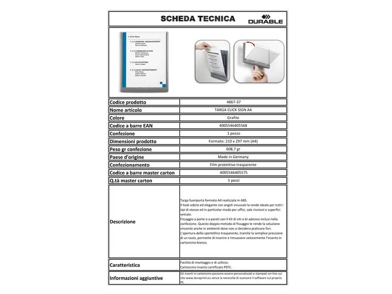 Targhe DURABLE CLICK SIGN ABS trasparente/grafite A4 210x297 mm 486737