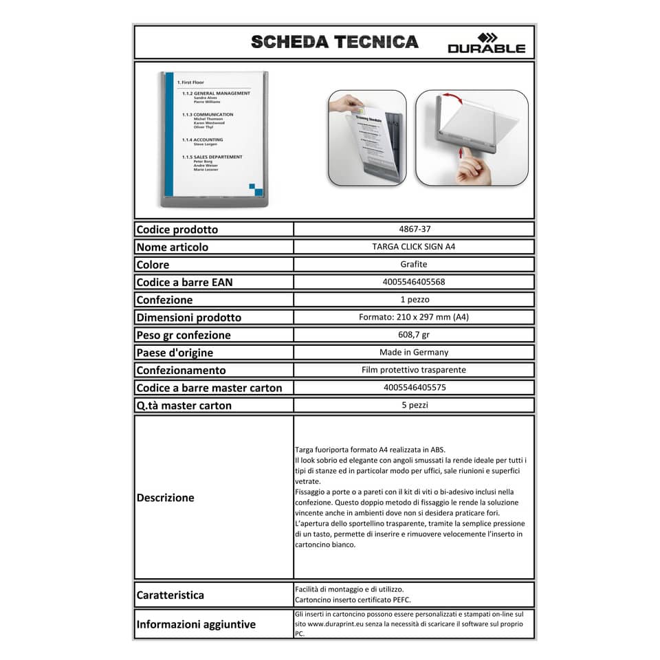 Targhe DURABLE CLICK SIGN ABS trasparente/grafite A4 210x297 mm 486737