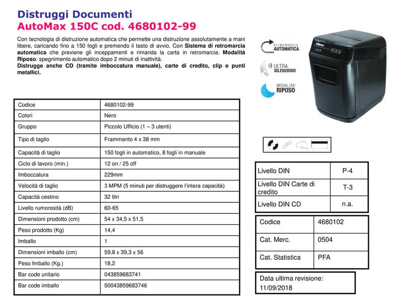 Distruggidocumenti FELLOWES AutoMax™ 130C P-4 32 L - taglio a frammenti 4x38 mm nero - 4680102