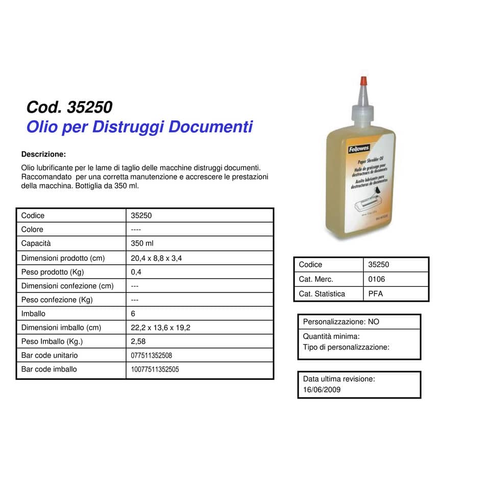 Olio lubrificante FELLOWES 350 ml trasparente 35250
