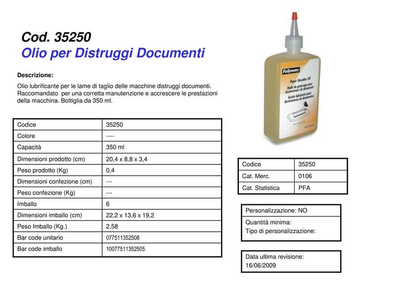 Olio lubrificante FELLOWES 350 ml trasparente 35250