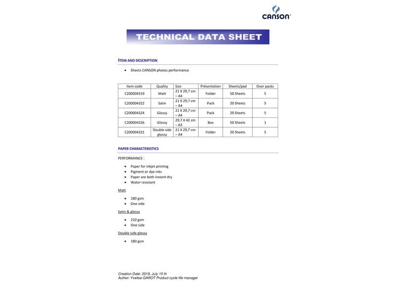 Carta fotografica inkjet CANSON PERFORMANCE A3 lucida 210 g/m² Conf. 50 pezzi - C200004326