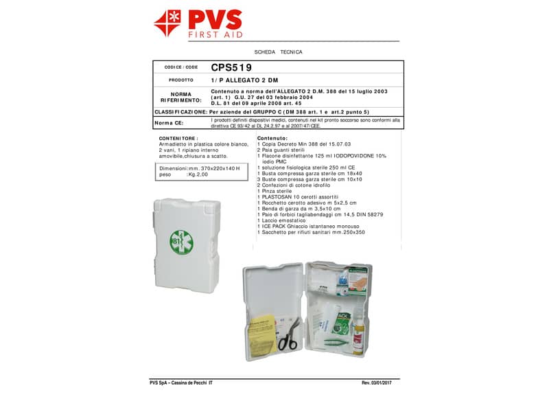 Armadietto Pronto Soccorso PVS 2 vani - 1 ripiano amovibile bianco 2 persone cps519