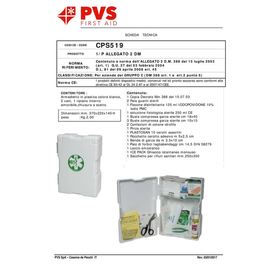 Armadietto Pronto Soccorso PVS 2 vani - 1 ripiano amovibile bianco 2 persone cps519