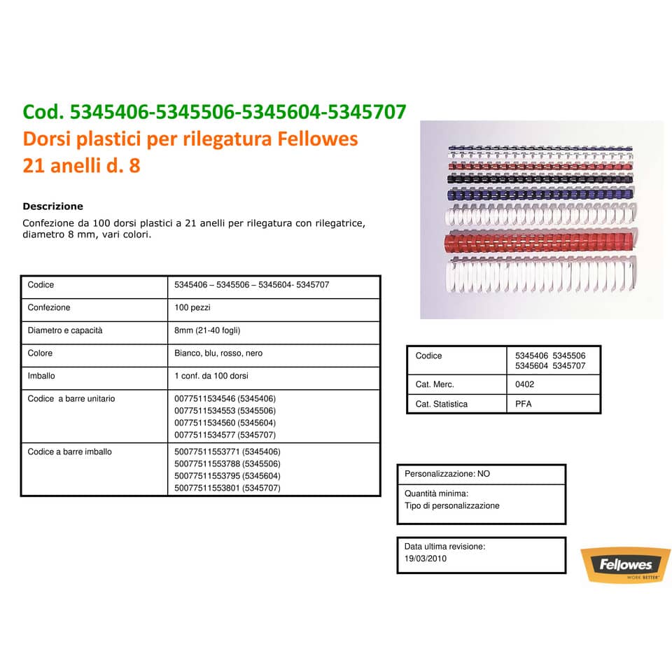 Dorsi plastici FELLOWES blu ad anello tondo 8 mm - 21-40 fogli conf.100 - 5345506