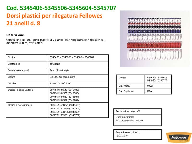 Dorsi plastici FELLOWES blu ad anello tondo 8 mm - 21-40 fogli conf.100 - 5345506