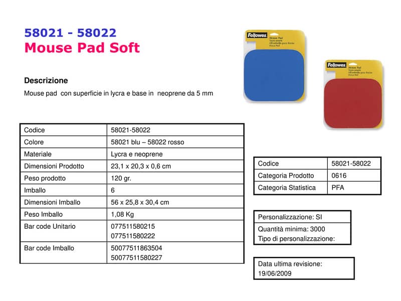 Tappetino mouse FELLOWES neoprene blu 23 x 20,3 x 0,6 cm 58021