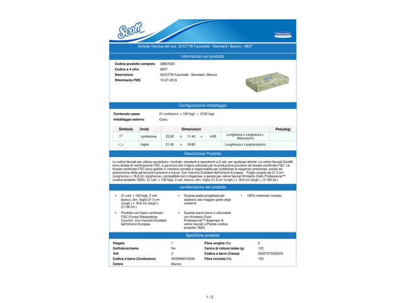 Veline facciali SCOTT® in carta a 2 veli bianco 21,5x18,6 cm confezione da 100 fogli - 8837