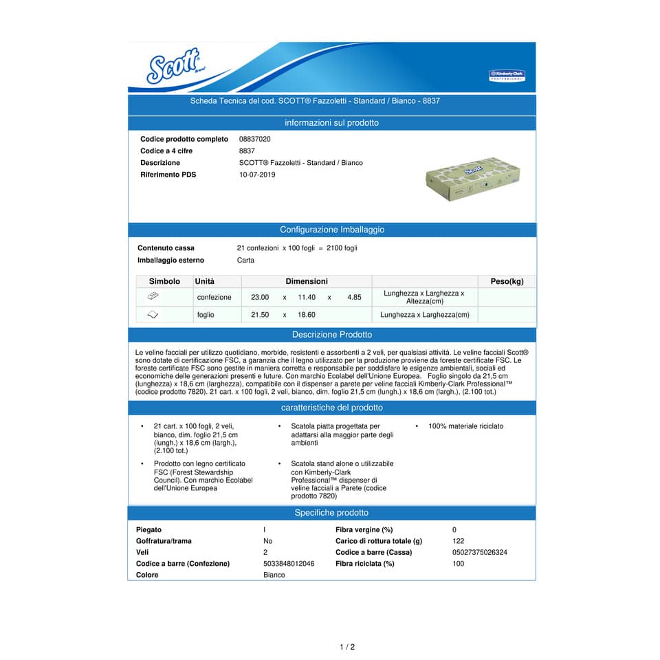 Veline facciali SCOTT® in carta a 2 veli bianco 21,5x18,6 cm confezione da 100 fogli - 8837