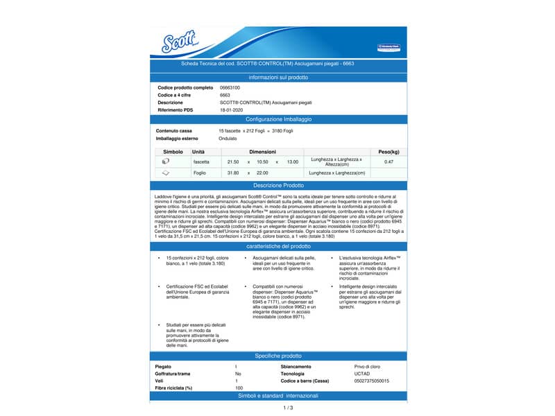 Asciugamani intercalati SCOTT® in carta bianco 21,5x31,5 cm 15 fascette da 212 fogli - 6663