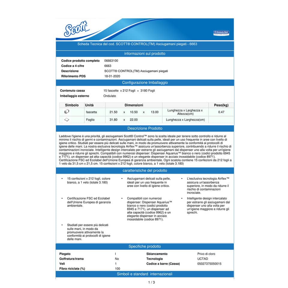 Asciugamani intercalati SCOTT® in carta bianco 21,5x31,5 cm 15 fascette da 212 fogli - 6663