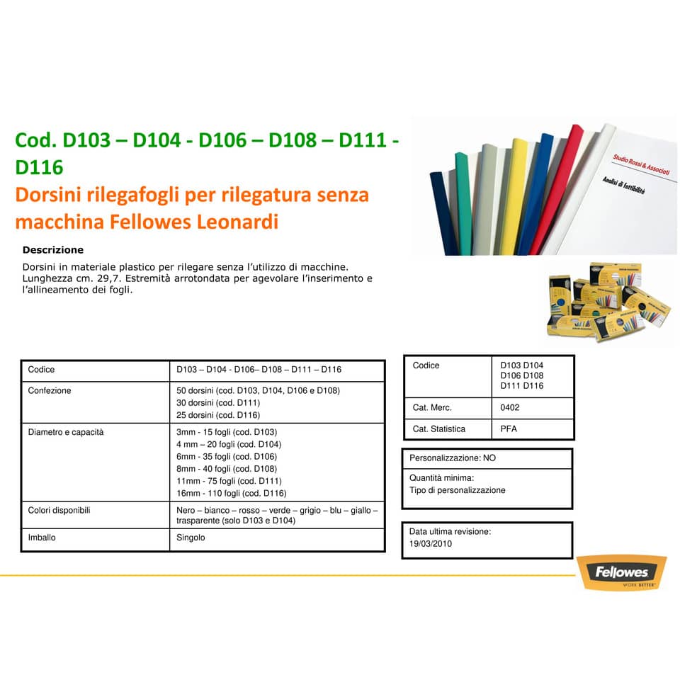 Dorsi plastici FELLOWES per rilegatura senza macchine 29,7cm diam.3mm nero conf.50 - D103NE