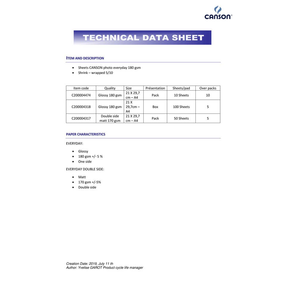 Carta fotografica inkjet Canson EVERYDAY A4 lucida 180 g/m² Conf. 100 pezzi - C200004318