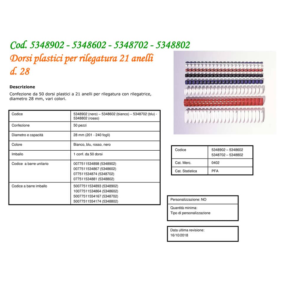 Dorsi plastici FELLOWES bianco ad anello tondo 28 mm - 201-240 fogli conf.50 - 5348602