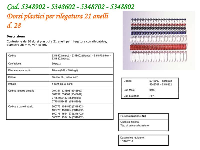 Dorsi plastici FELLOWES bianco ad anello tondo 28 mm - 201-240 fogli conf.50 - 5348602