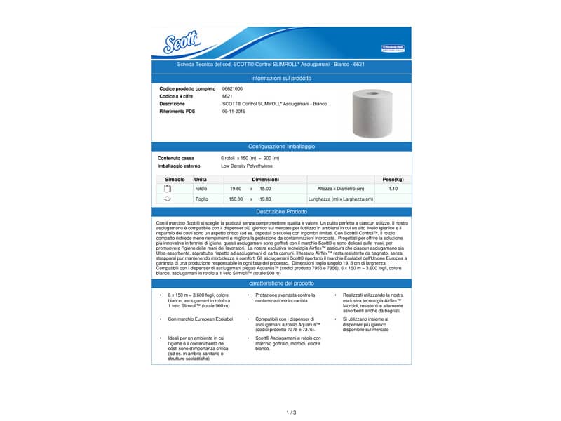 Asciugamani a rotolo SCOTT® in carta bianco 1 velo 19,8 cm x 25 m senza strappi - confezione da 6 rotoli - 6621