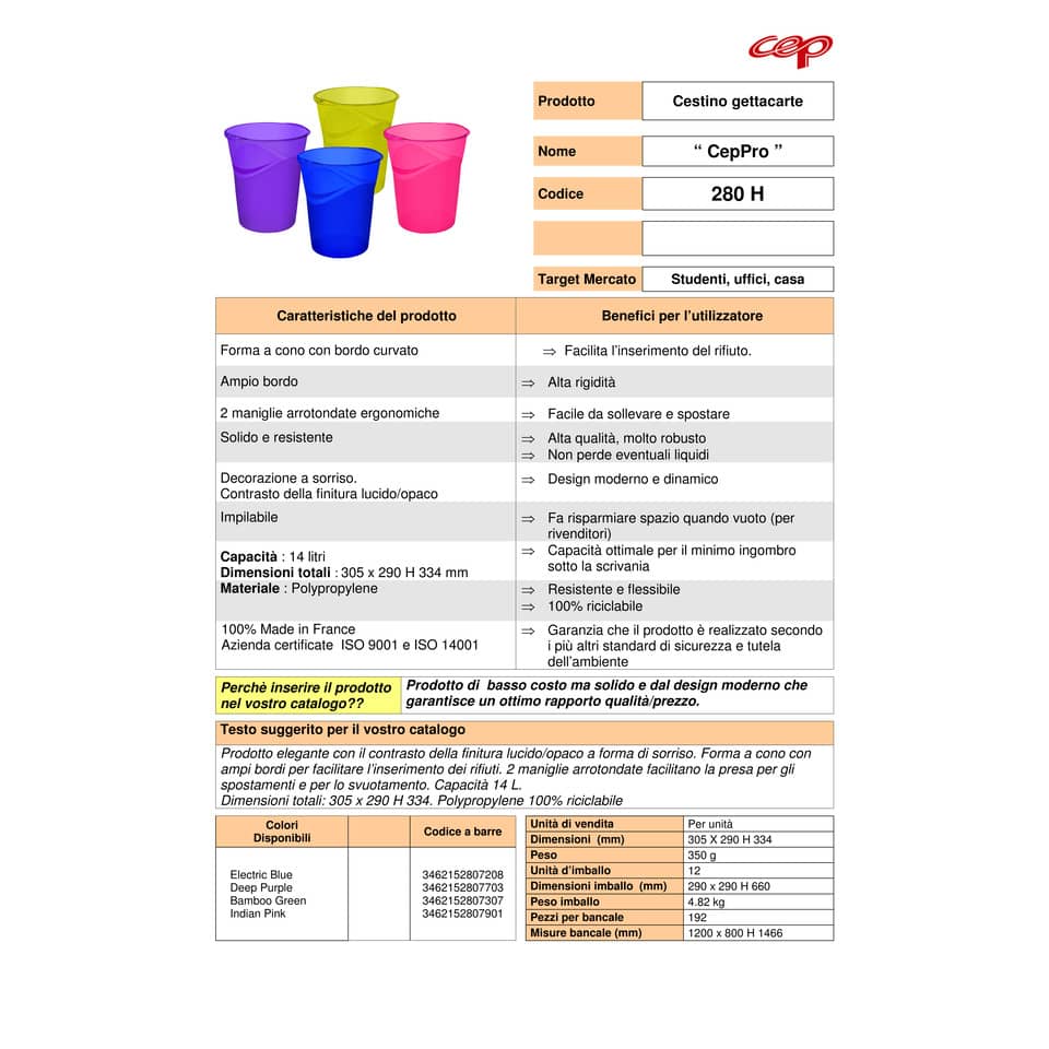 Cestino CepPro Happy 14L CEP in polipropilene con bordo curvo per facile accesso blu elettrico - 1002800721