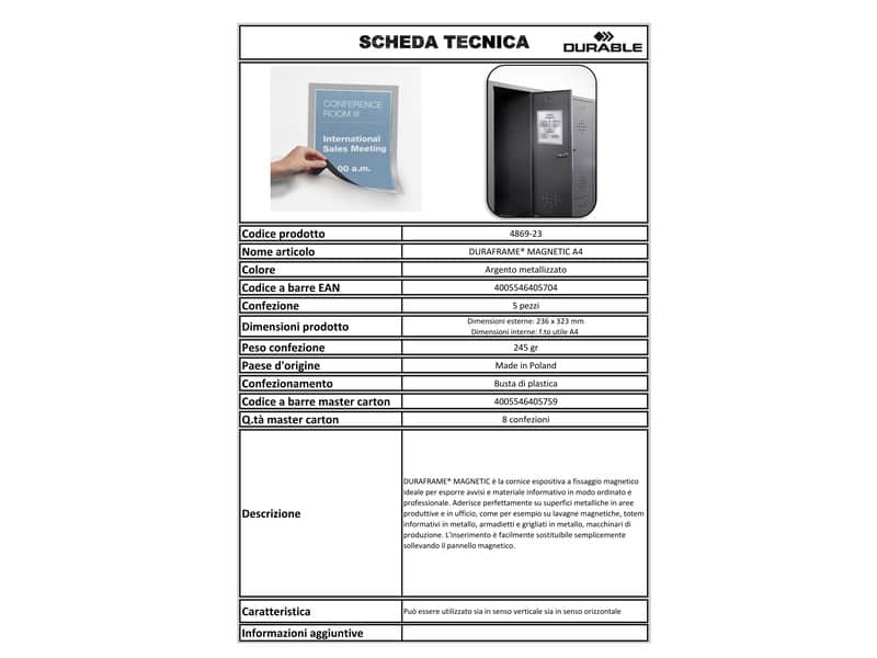 Cornici con pannello magnetico Durable DURAFRAME® MAGNETIC A4 PVC rigido argento met. 236x323 mm conf. 5 - 486923