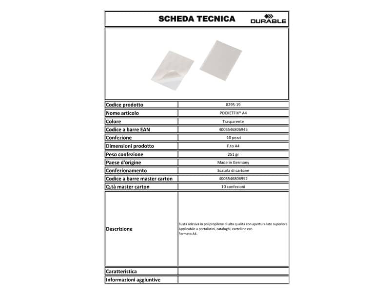 Buste adesive DURABLE POCKETFIX® A4 polipropilene trasparente conf. 10 pezzi - 829519