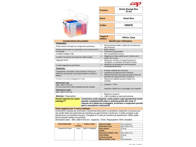 Contenitore con coperchio su ruote impilabile 75 L Strata in polipropilene trasparente - 2006760110