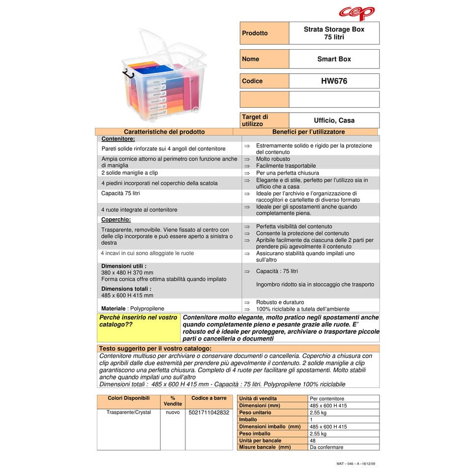 Contenitore con coperchio su ruote impilabile 75 L Strata in polipropilene trasparente - 2006760110