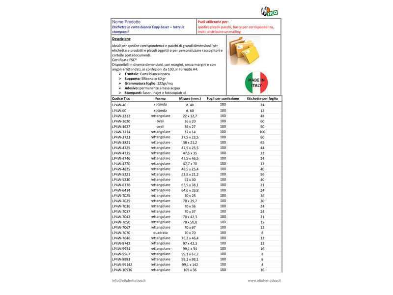 Etichette bianche senza margini TICO Copy Laser Premium 70x25 mm - 36 et./foglio - conf. 100 fogli - LP4W-7025